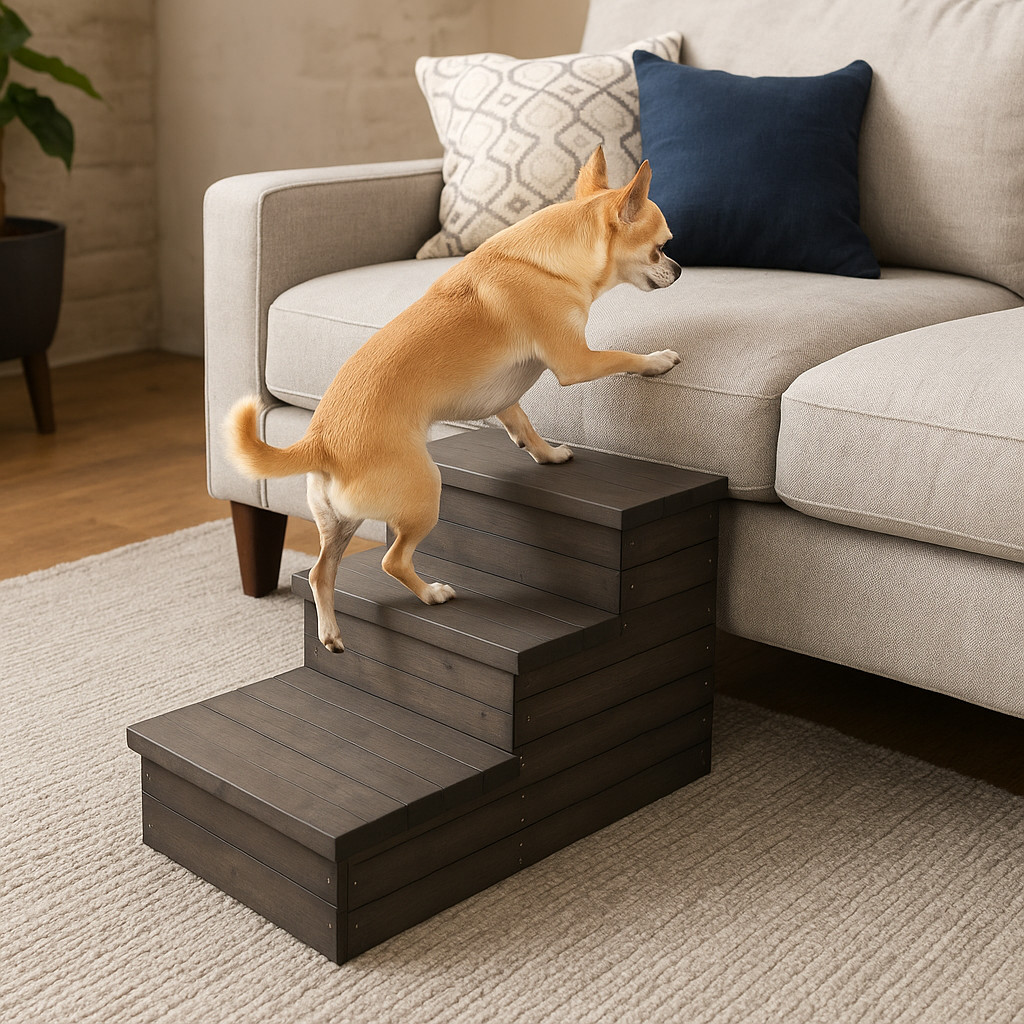 Rustic Dark Walnut Wooden Pet Stairs – 3 Step Dog & Cat Ramp for Bed or Couch gallery