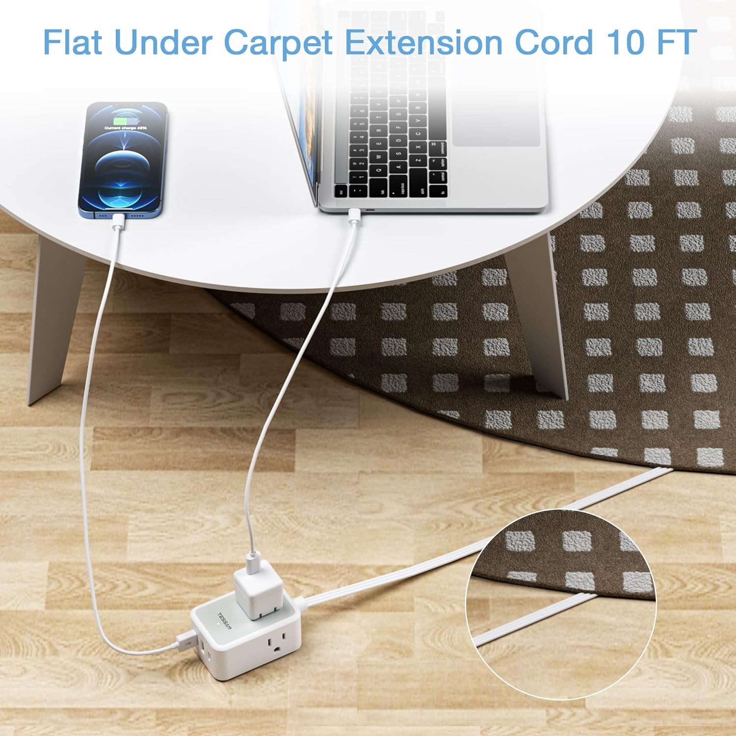 Thin Flat Plug Power Strip with USB 3 Outlet Slim 10ft Cord Portable for Travel gallery