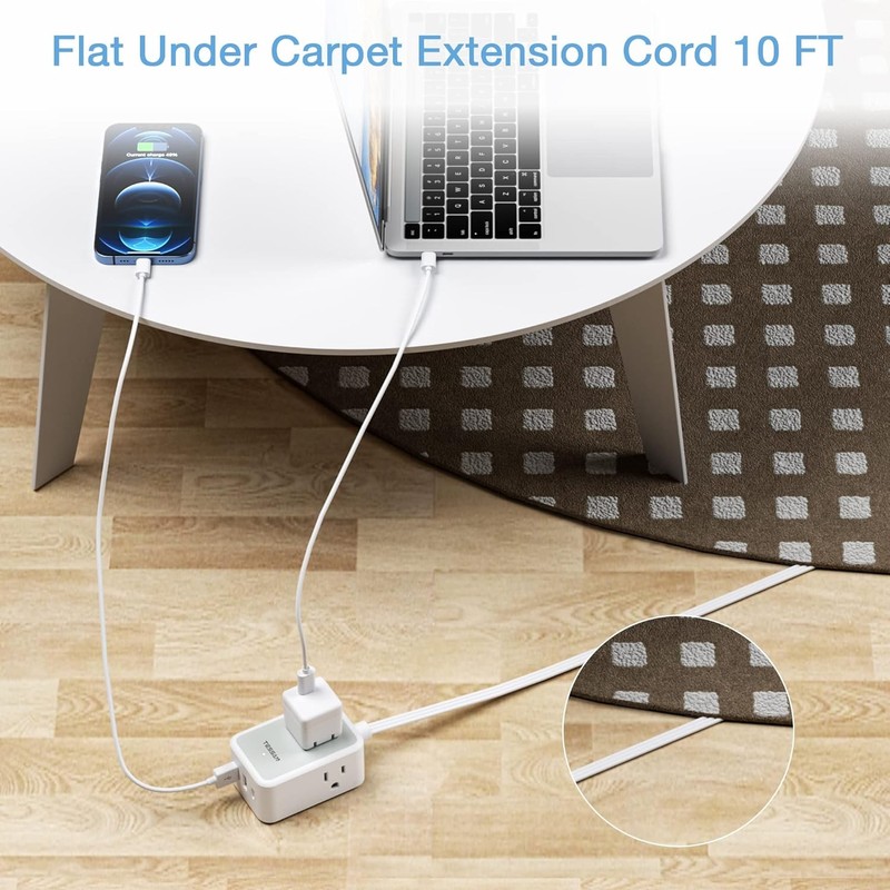 Thin Flat Plug Power Strip with USB 3 Outlet Slim 10ft Cord Portable for Travel gallery
