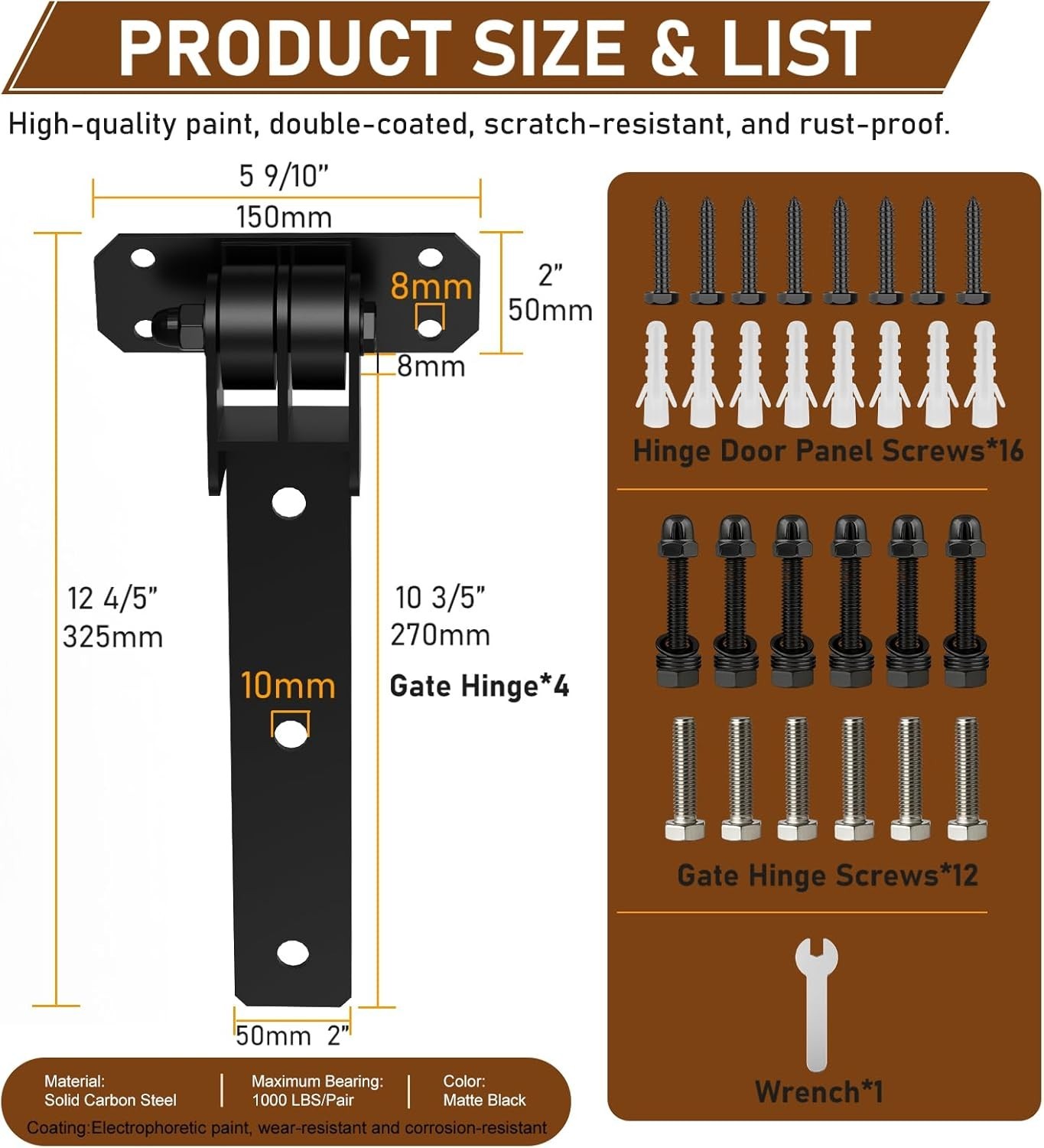 Heavy Duty Gate Hinges, 1000 Lbs Capacity with Built-in Ball Bearings, 13” Bolt- gallery