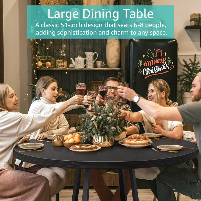 Black round Dining Table for 6 - Modern Circle 51 Inch Large Room Kitchen Dinnin gallery