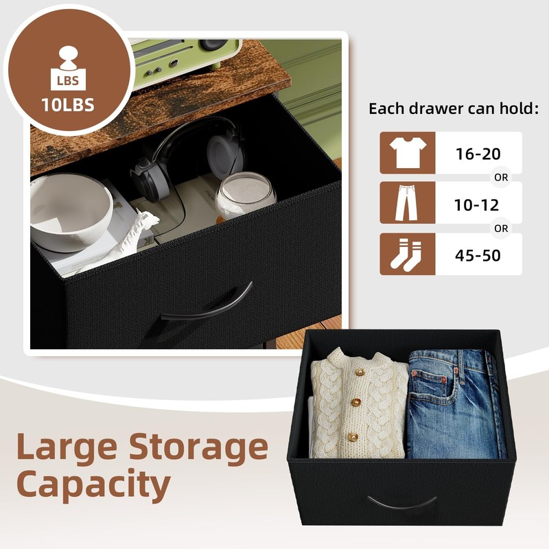 Nightstand 2 Drawer End Table Bedside Storage Fabric Bins Rustic Brown Black gallery
