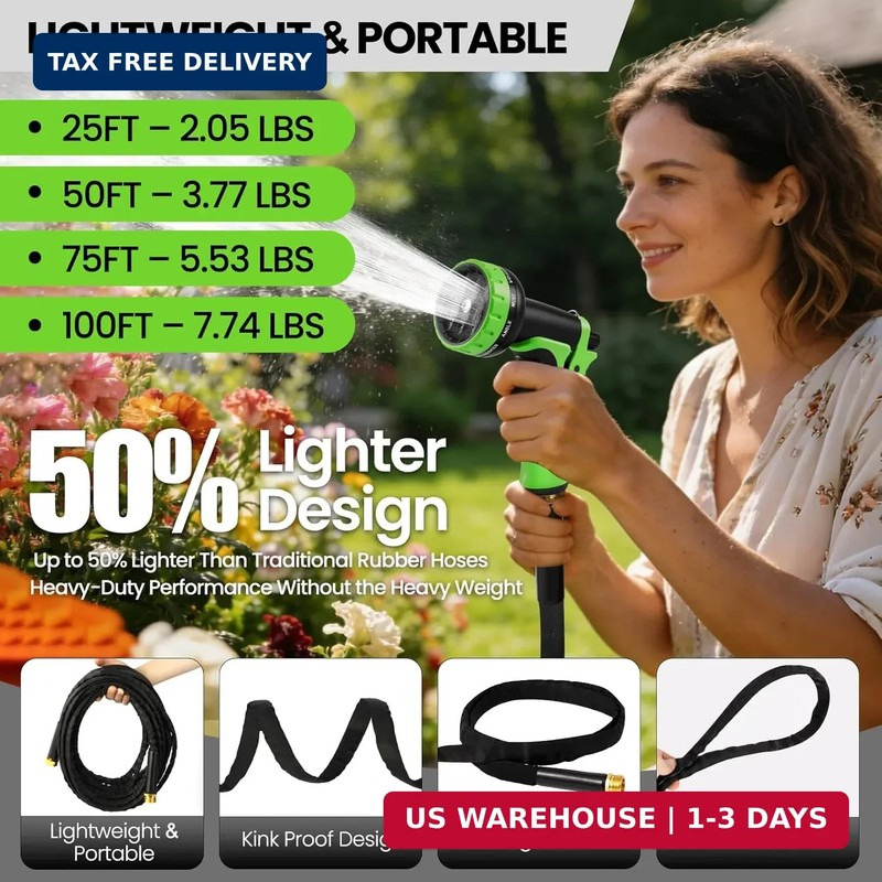 100FT Non-Expandable Garden Hose Lightweight Flexible Water Hose With Sprayer No gallery