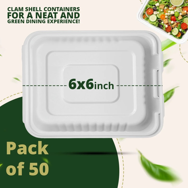 Naturawave Essentials 6" x 6" Compostable Clamshell Food Containers 50-Pack gallery