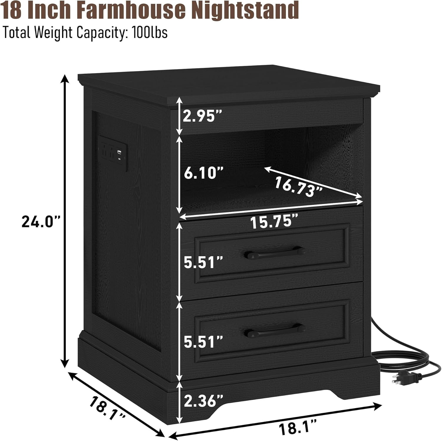 Farmhouse Nightstand with Charging Station & 3 Drawers - Black Accent Table gallery