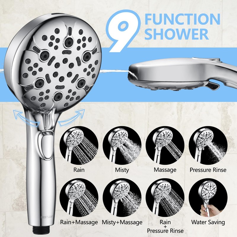 Handheld Shower Head 9-Setting High Pressure 4.5in Spray Face 79in Hose - Ideal gallery