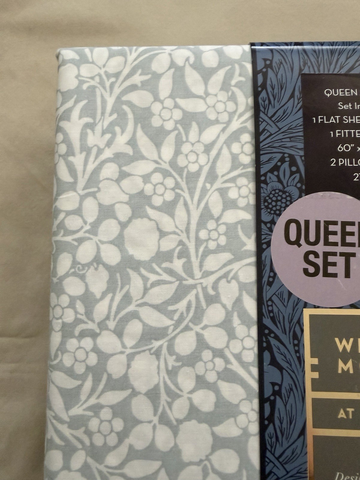 NEW 4pc William Morris England Queen Sheet Set TONAL CLOVER - SOFT BLUE & White gallery