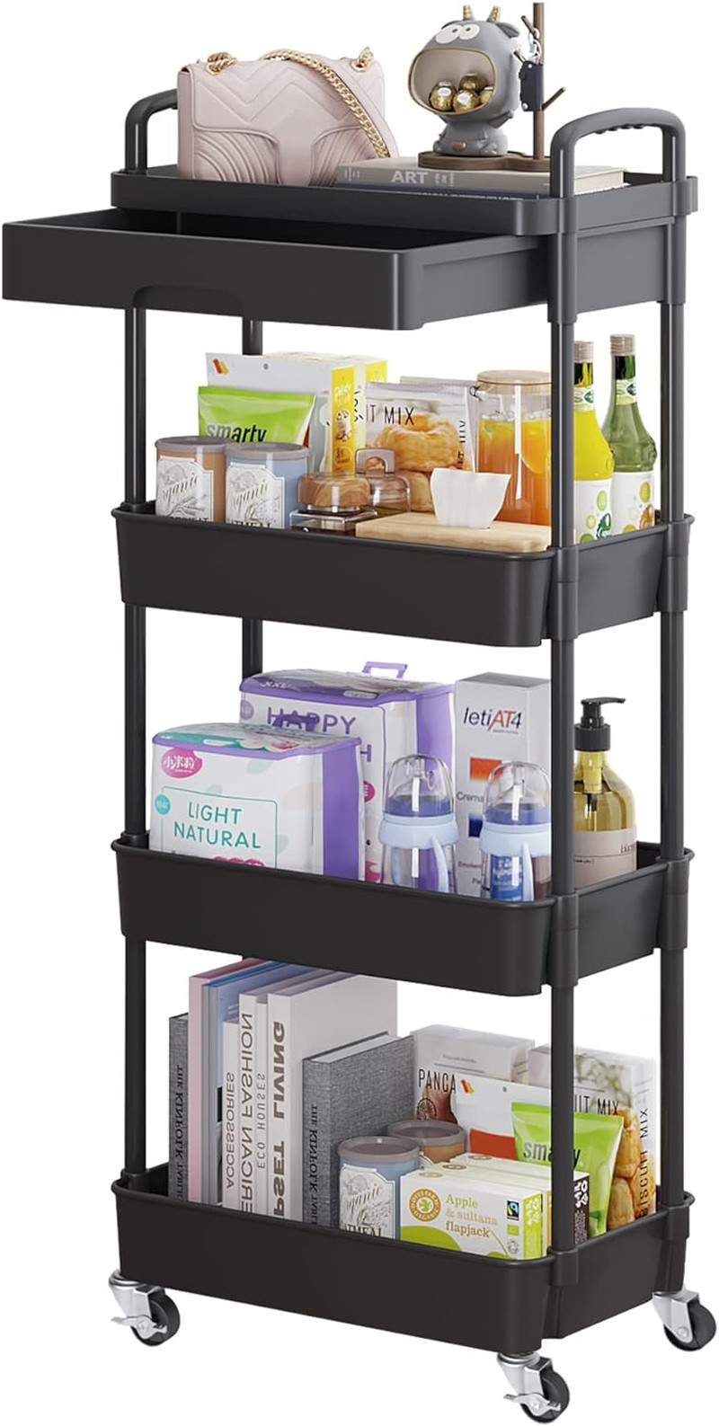 4 Tier Rolling Utility Cart With Drawer Storage Organizer Kitchen Bathroom Black gallery