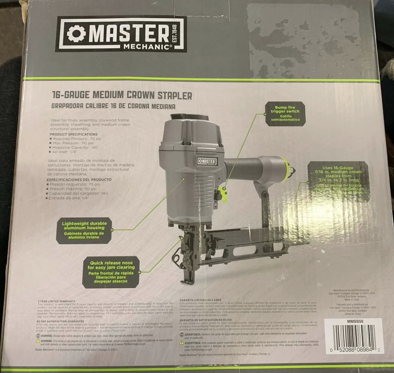 Master Mechanic MMSS50 16-Gauge Straight Medium Crown Stapler 100 psi gallery