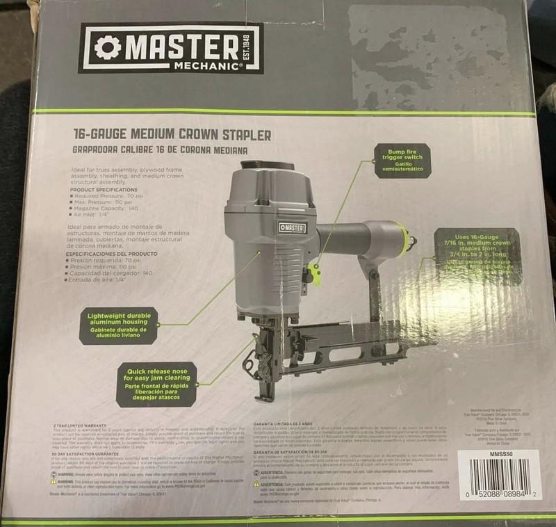 Master Mechanic MMSS50 16-Gauge Straight Medium Crown Stapler 100 psi gallery
