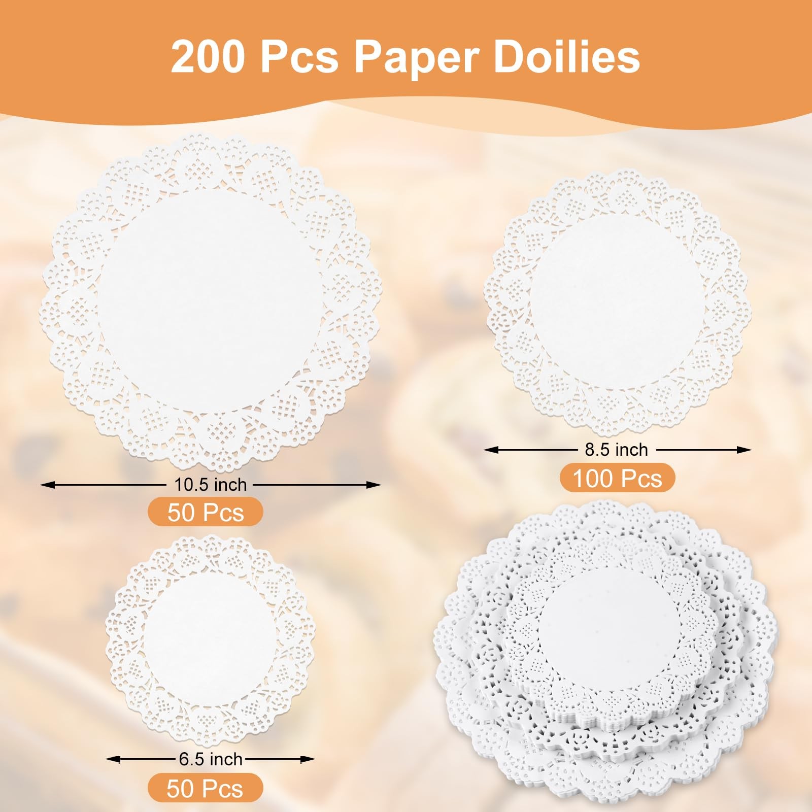 PECULA Paper Doilies, 200 Pack White Lace 6.5, 8.5, and 10.5/200P, gallery