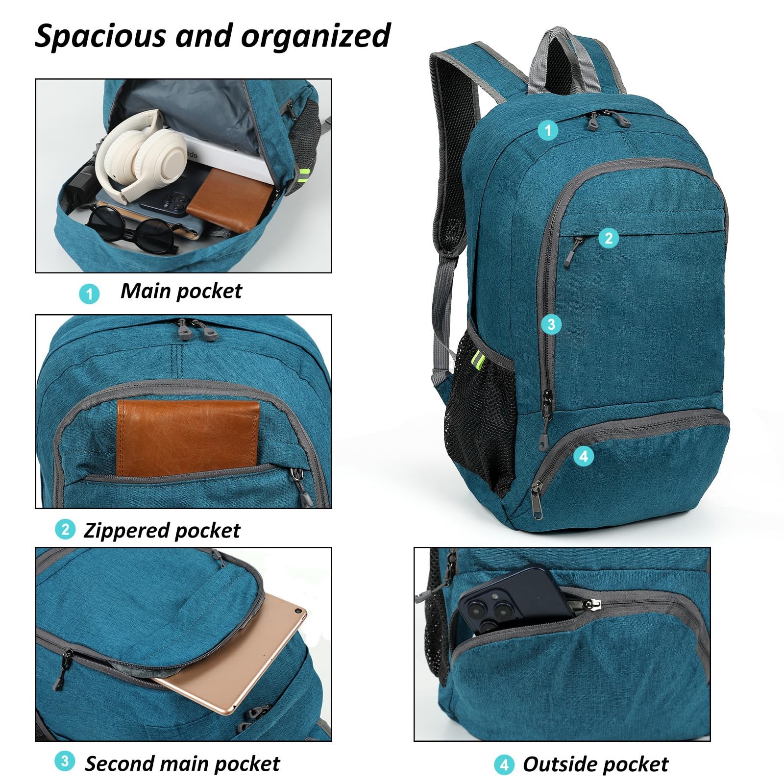 Ultra Lightweight Packable Backpack 25L Foldable Hiking Daypack Teal Blue 5