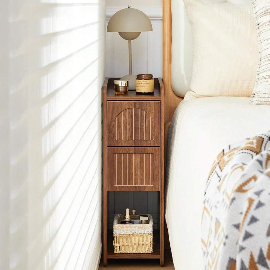 NEW Fluted Narrow Nightstand Bedside Table 2 Drawers Walnut gallery