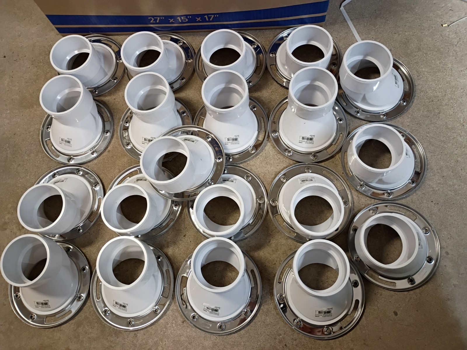 20PK Oatey 43605, 3" PVC Open Offset Toilet Flange with Stainless Steel Ring. gallery