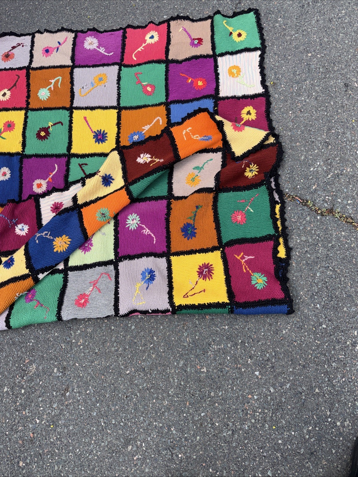 Vintage Handmade Crocheted Granny Square Afghan Black Multicolor 3x5 Feet gallery