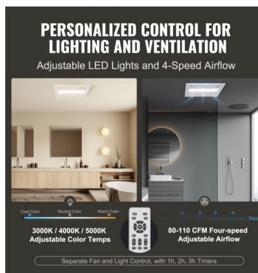 VEVOR Ceiling Bathroom Exhaust Fan Heater LED Light Remote 1500W 110 CFM gallery