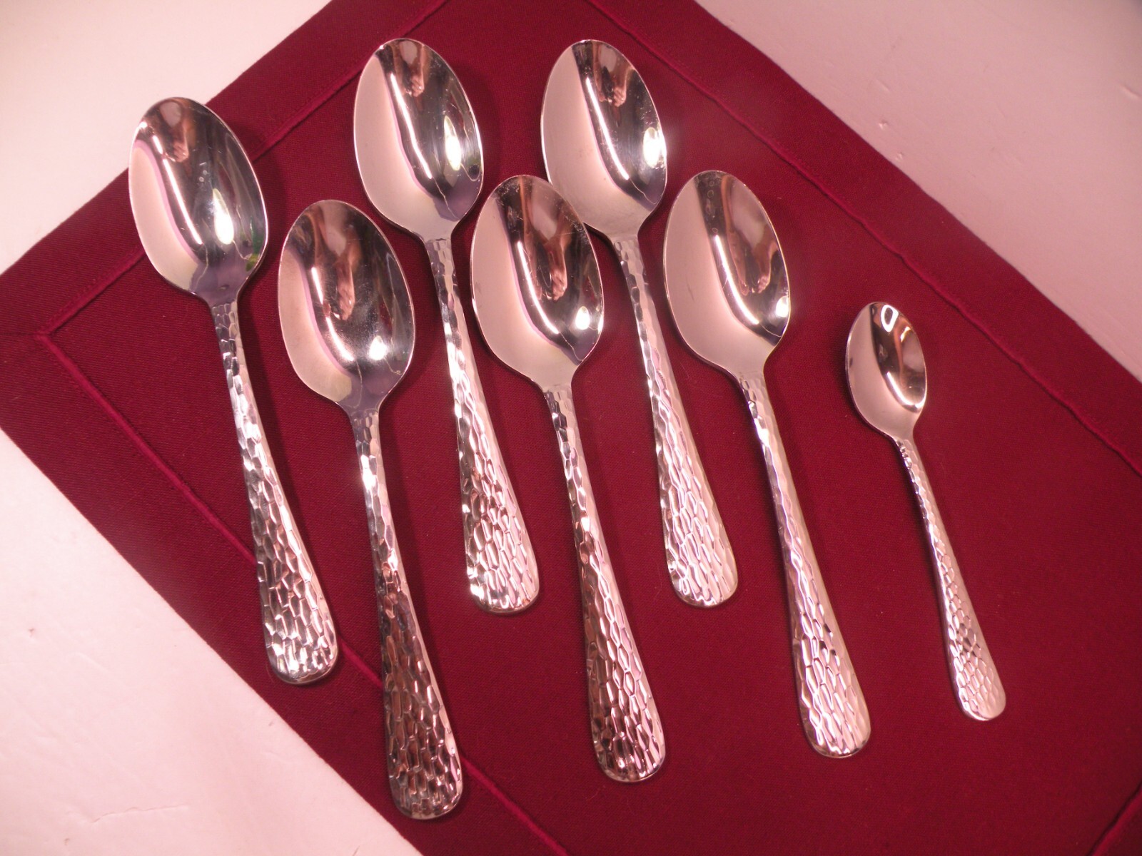 Twin Fish Silver Hammered Stainless Steel 6 Oval Soup Spoons & 1 teaspoon gallery