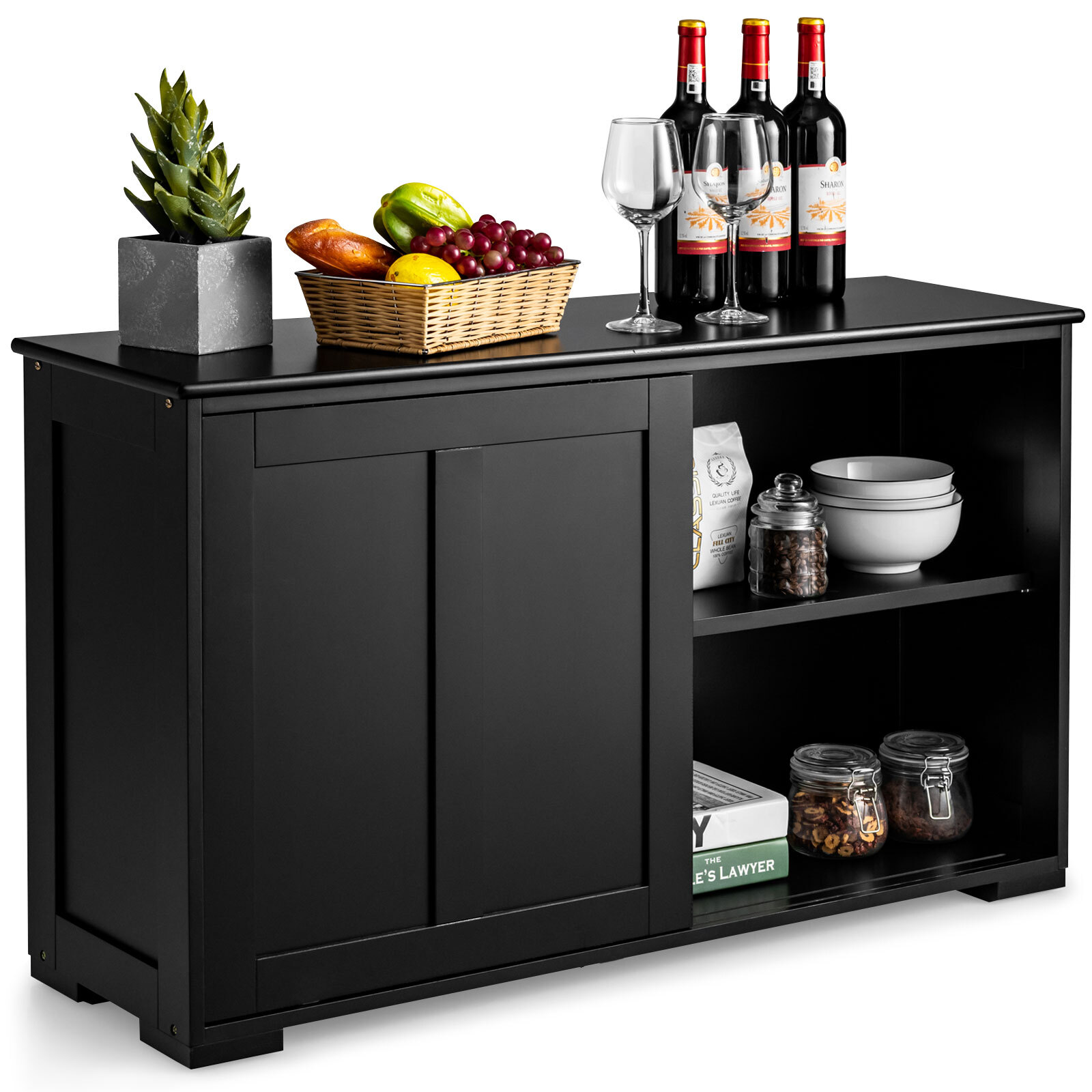 Kitchen Storage Cabinet Sideboard Buffet Cupboard Wood Sliding Door Pantry Black gallery