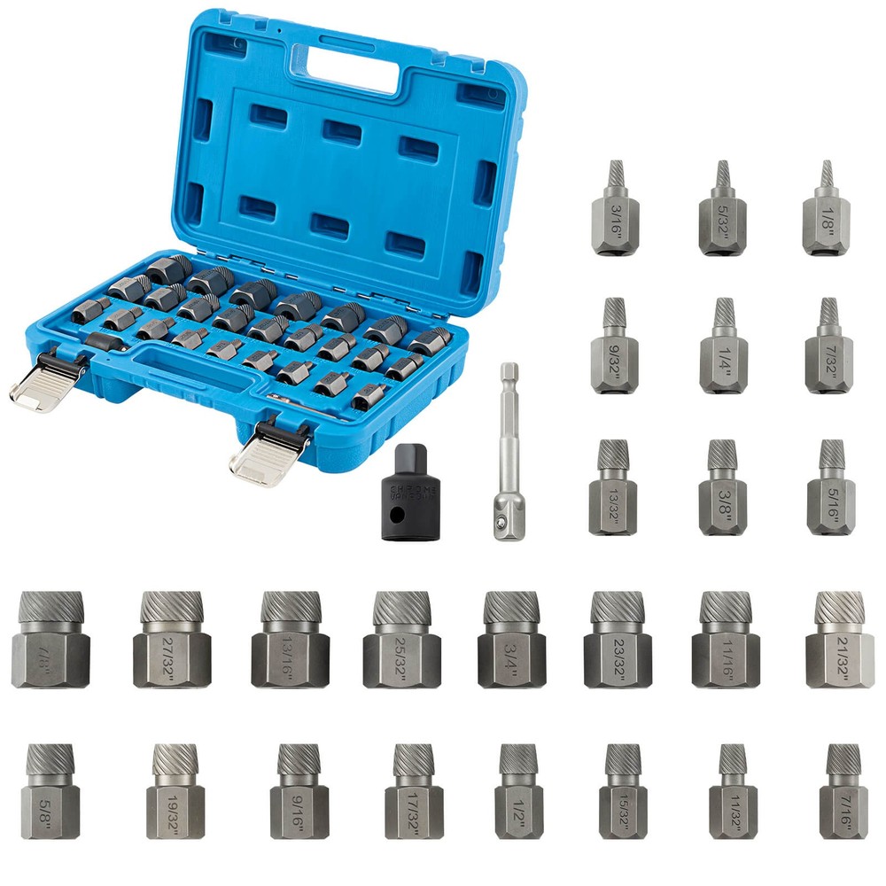 27 PCS Multi-Spline Screw Extractor Set w/ 3/8” Drive Hex Head Bolt Remover