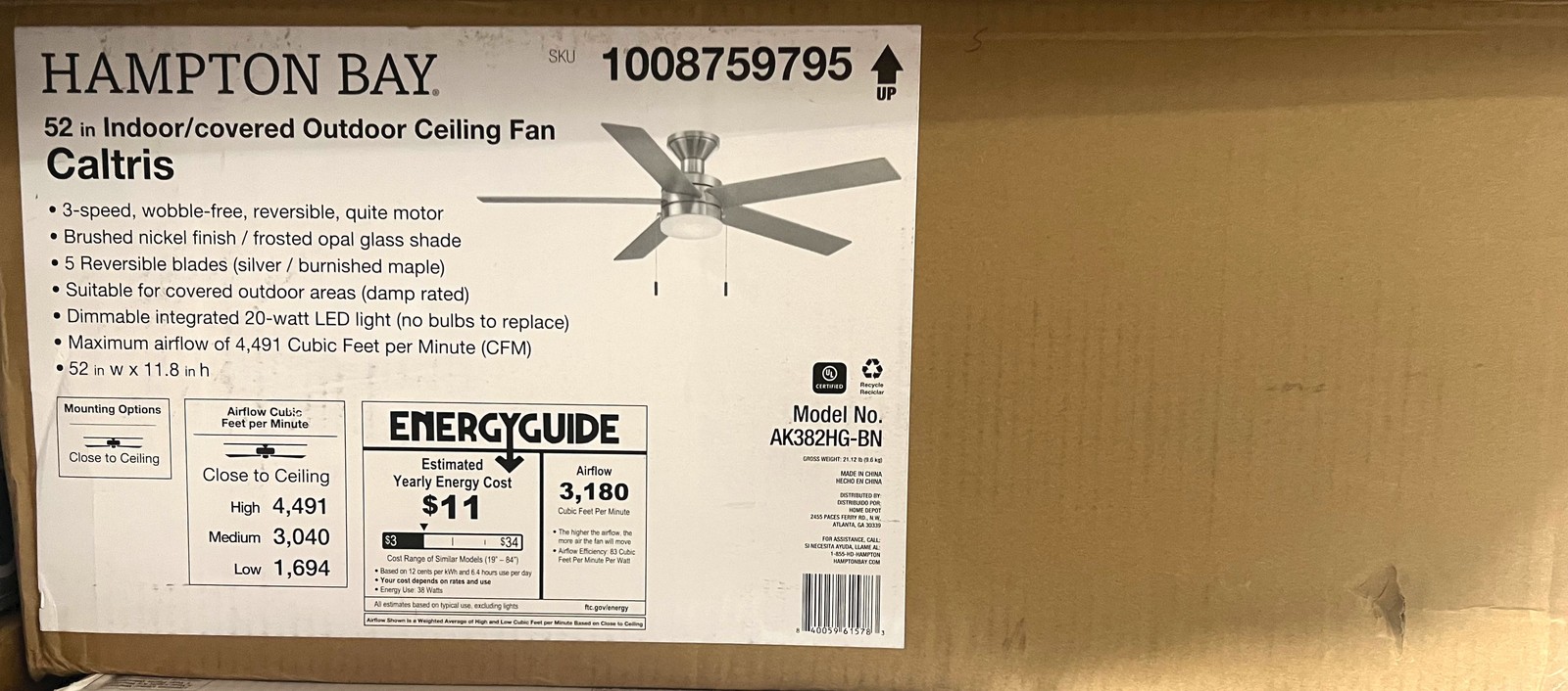 Hampton Bay Caltris 52 in. LED Indoor/Outdoor Brushed Nickel Ceiling Fan New gallery