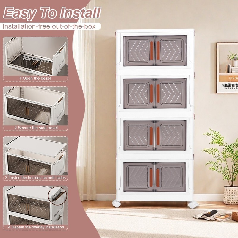 4 Tier Folding Storage Cabinet Stackable Boxes with Magnetic Doors & Wheels USA gallery