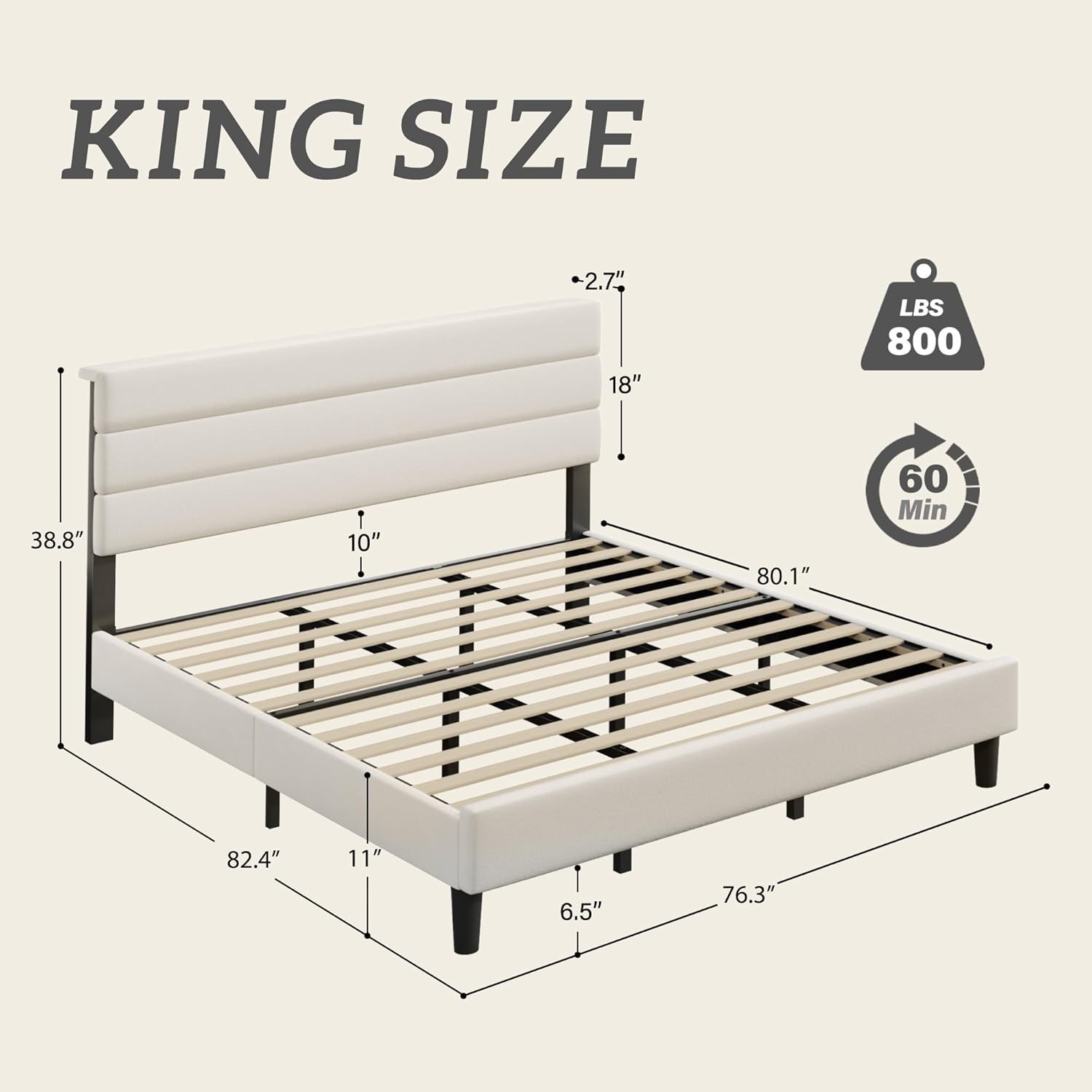 King Platform Bed Frame Velvet Upholstered Headboard No Box Spring Needed Sturdy gallery
