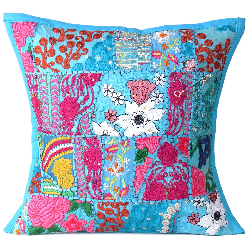 16x16 Cushion Cover Patchwork Pillow Case Indian Handmad Sofa Decor Embroidered
