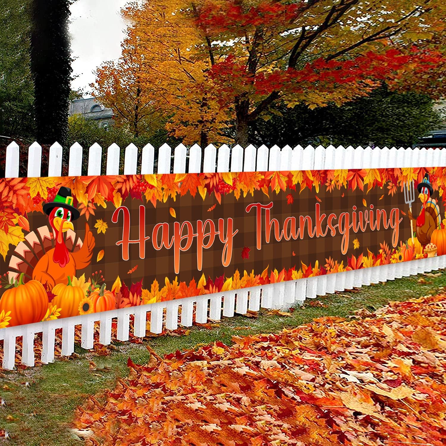 Large Happy Thanksgiving Banner, Turkey Maple 118 inches x 19 inches, Brown gallery