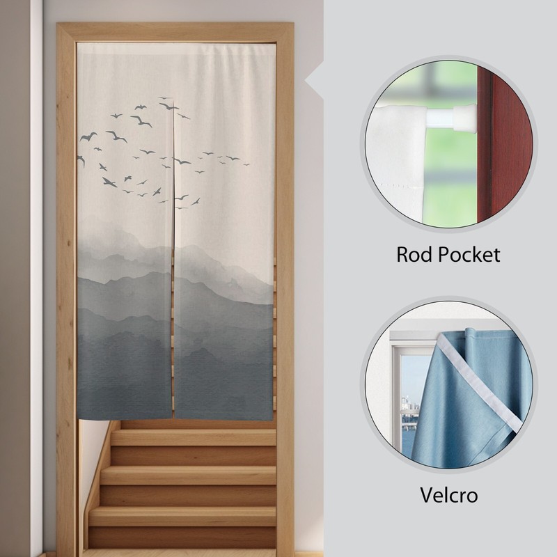 Japanese White Crane Sakura Wave Clouds Noren Blue Door Curtain Doorway Divider gallery
