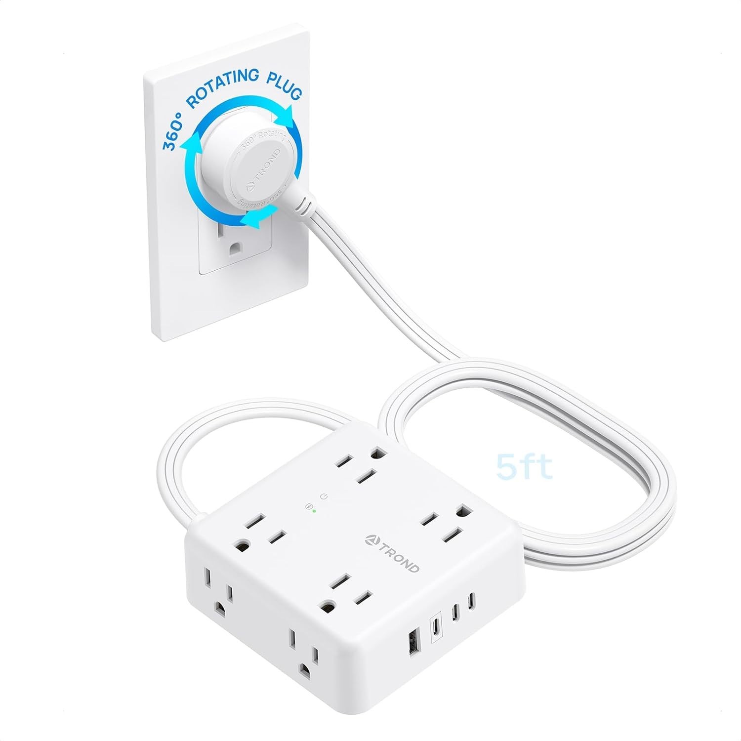 TROND 360° Rotating Flat Plug Power Strip, 5FT Extension Cord , White gallery