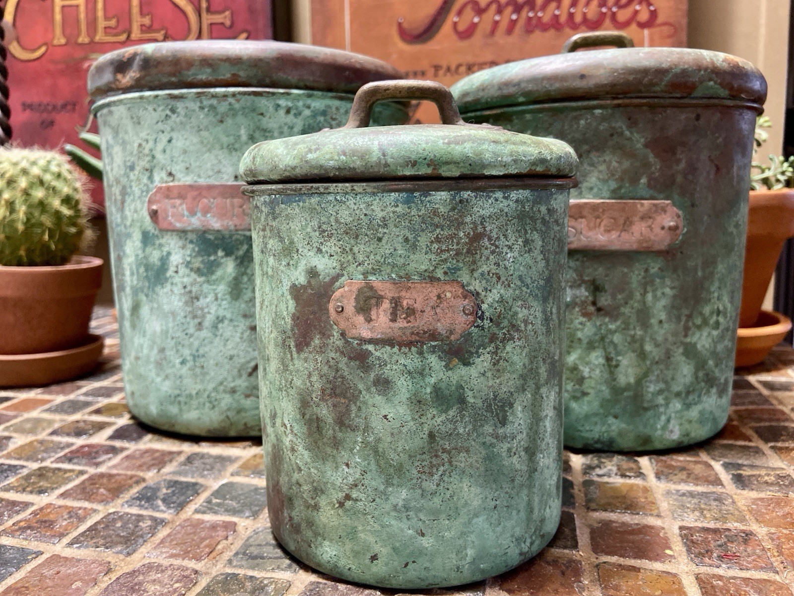 Vtg 1980s - Patina Copper Nesting Canister Set & Lids - Flour Sugar Tea gallery