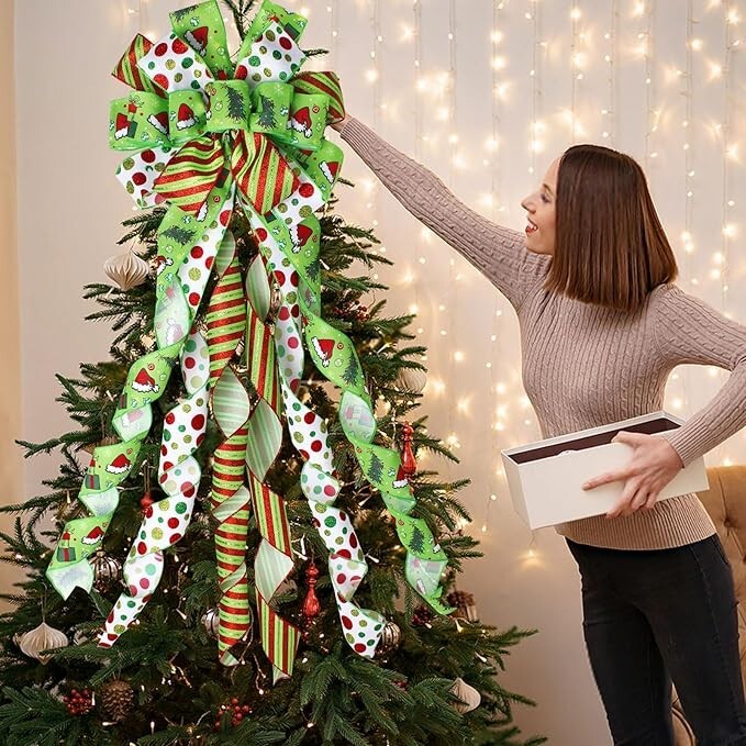 Festive Multi-Pattern Christmas Tree Bow - Large 13" x 44" Holiday Topper gallery