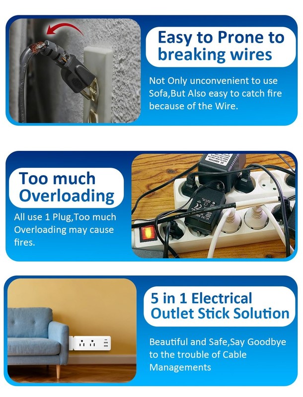 Eletrical Outlet Extender Stick 22"-34" Vertical Power Socket Expander with 2 AC gallery