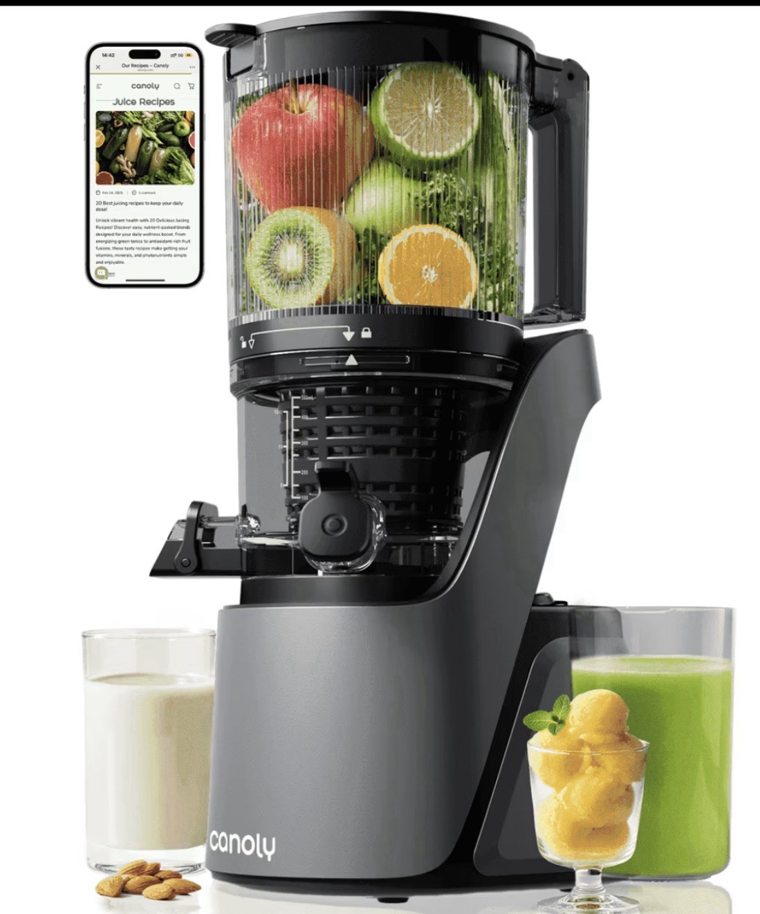 Canoly C16 Cold Press Juicer, 6" Extra Wide Feed Chute, 3-IN-1 Strainers gallery