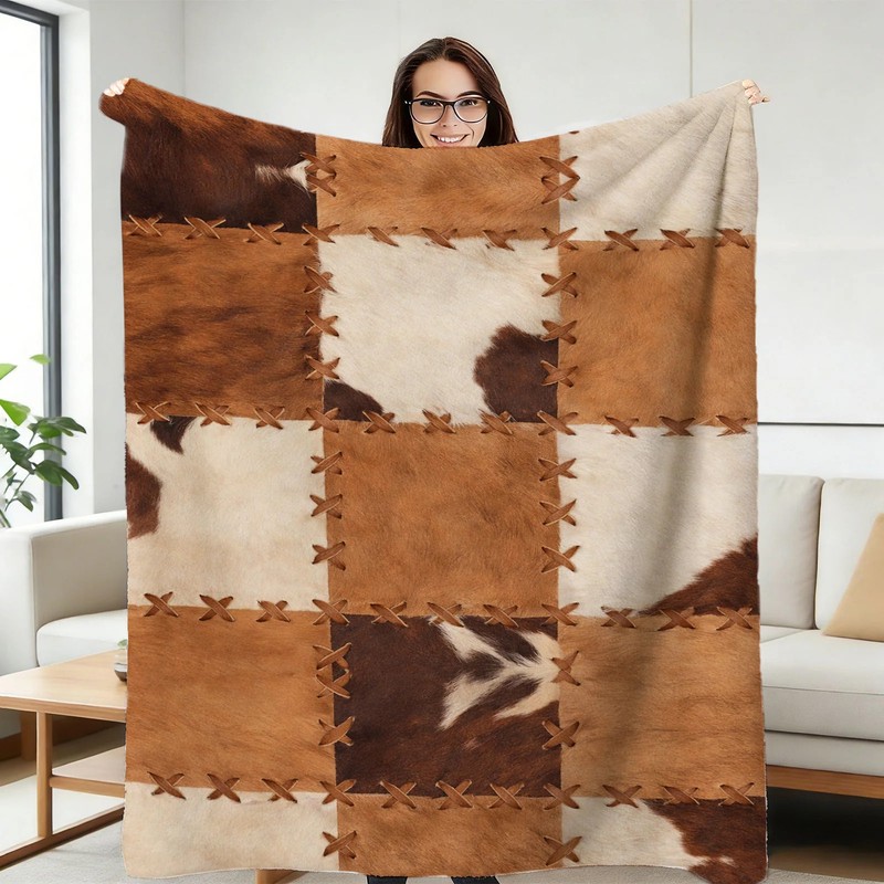 Cowhide Patchwork Flannel Blanket Soft Cozy Tapestry Napping Travel Use gallery