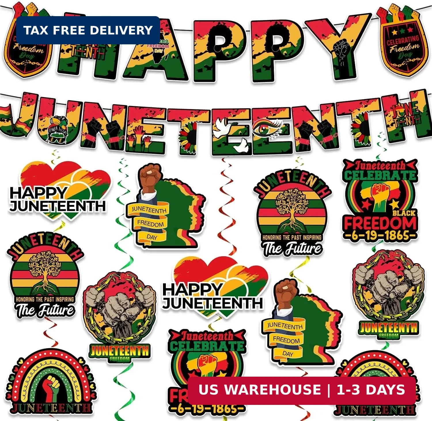 Juneteenth Decorations Banner Set Include Happy Juneteenth Banner and 12Pcs Doub gallery
