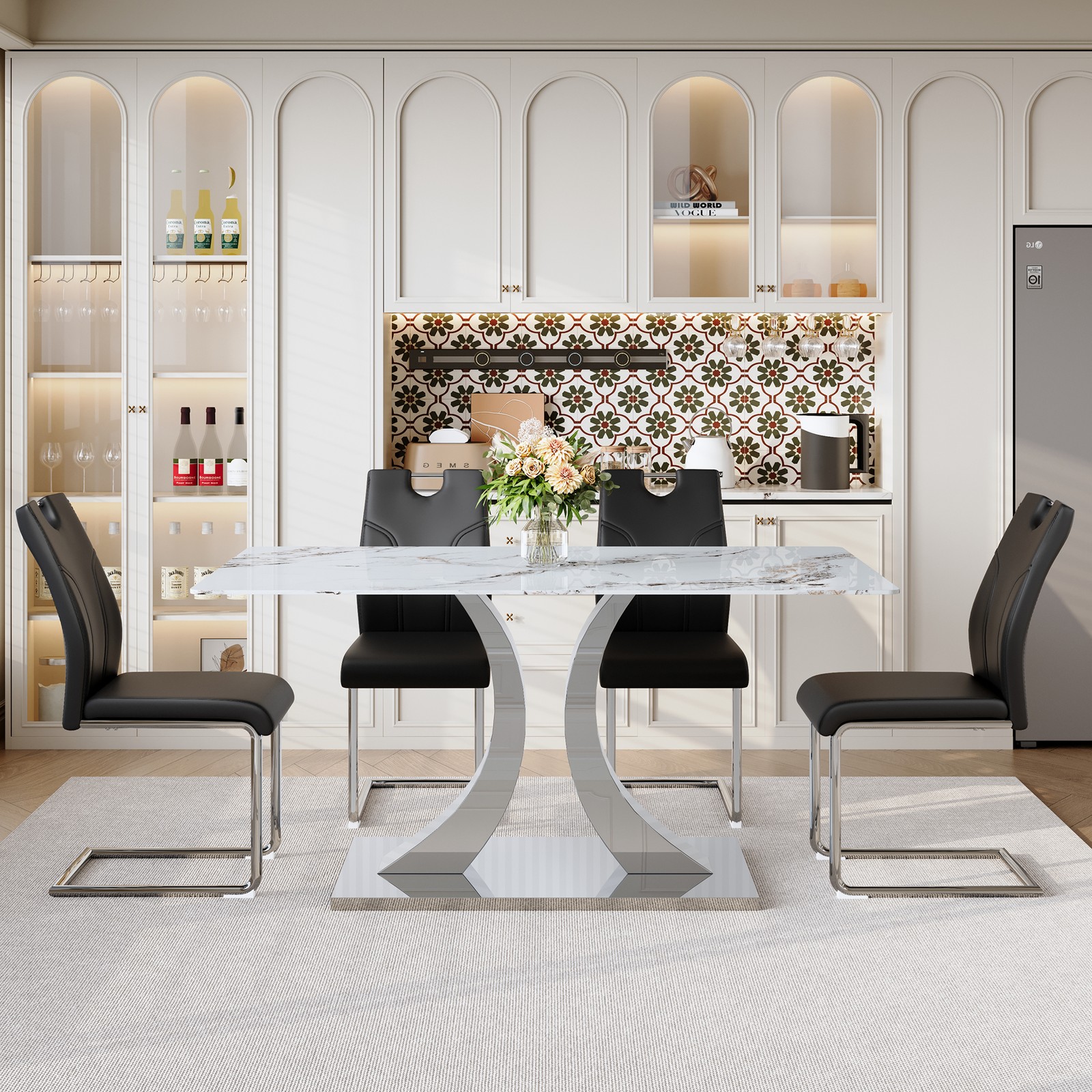 63-inch White Glass Dining Table Set with 4 U-Shaped Armchairs gallery