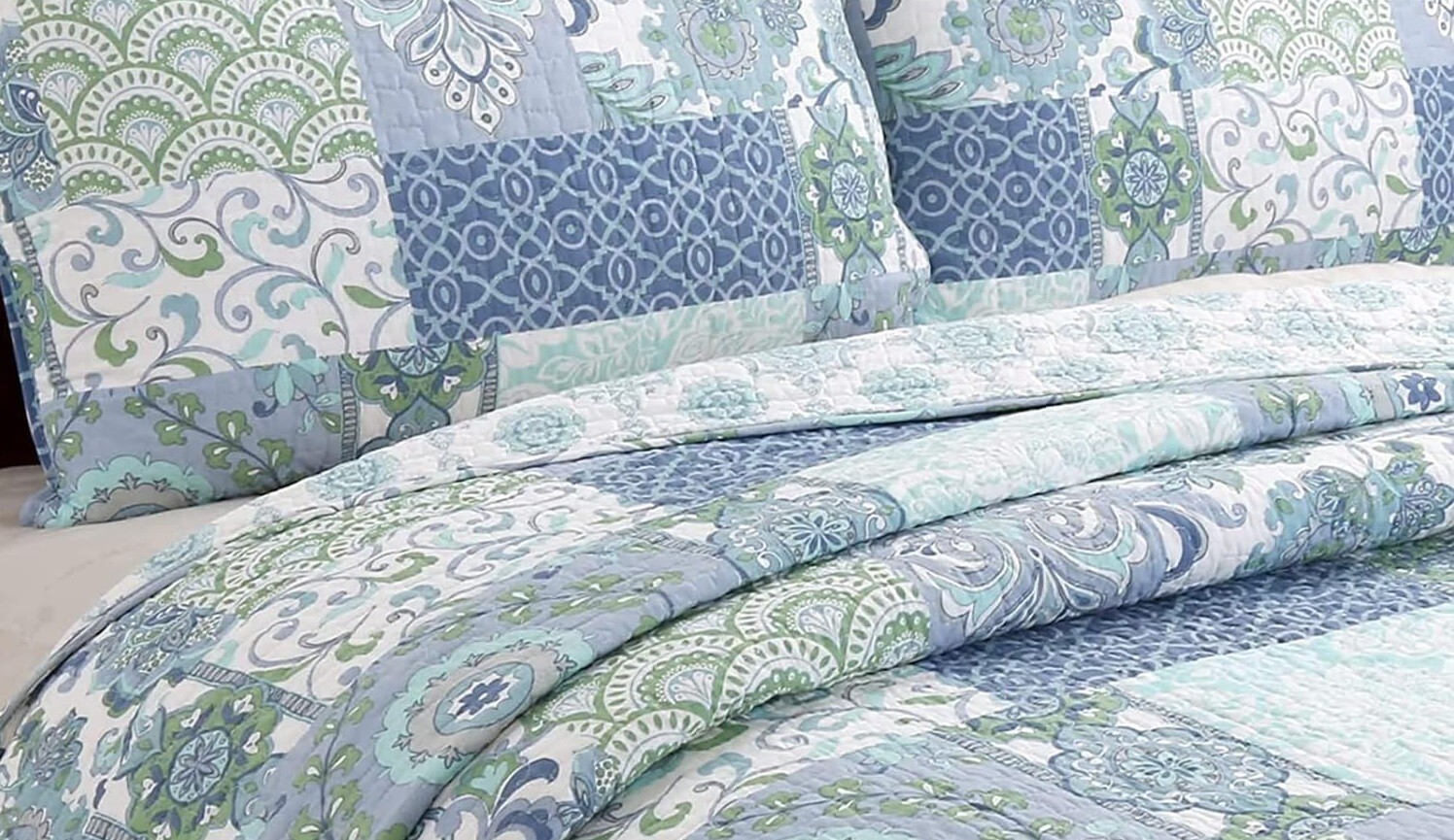 Quilt Set Twin Patchwork Floral Blue Green Reversible Cotton 2 Piece Bedding gallery
