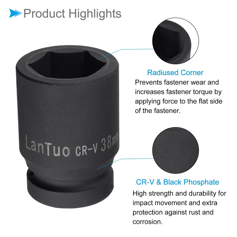 6-Point Impact Socket 1" Drive 38mm Socket CR-V Radiused Standard Metric Socket gallery