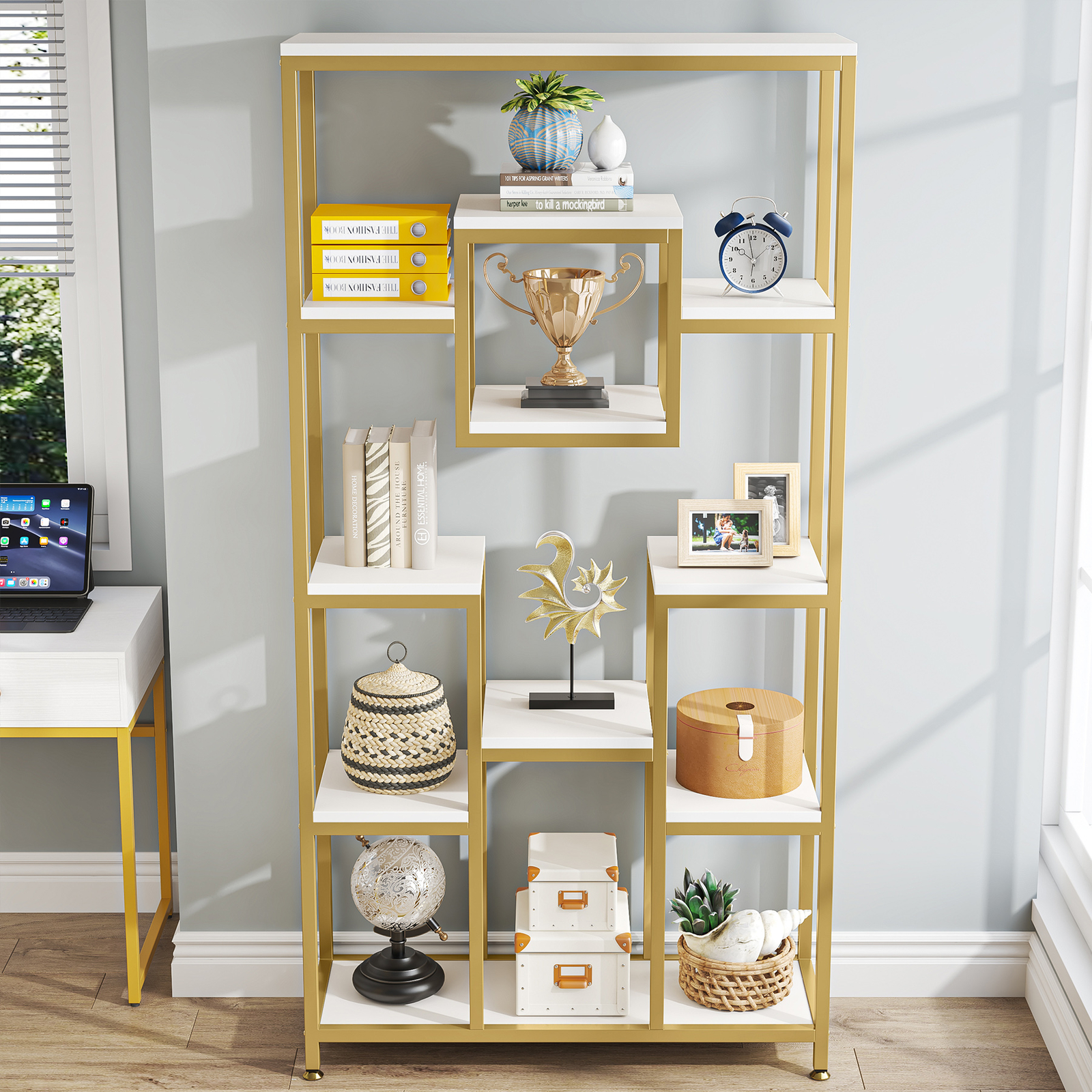 White Gold Bookshelf Bookcase Open Storage Shelves Display Rack for Home Office gallery