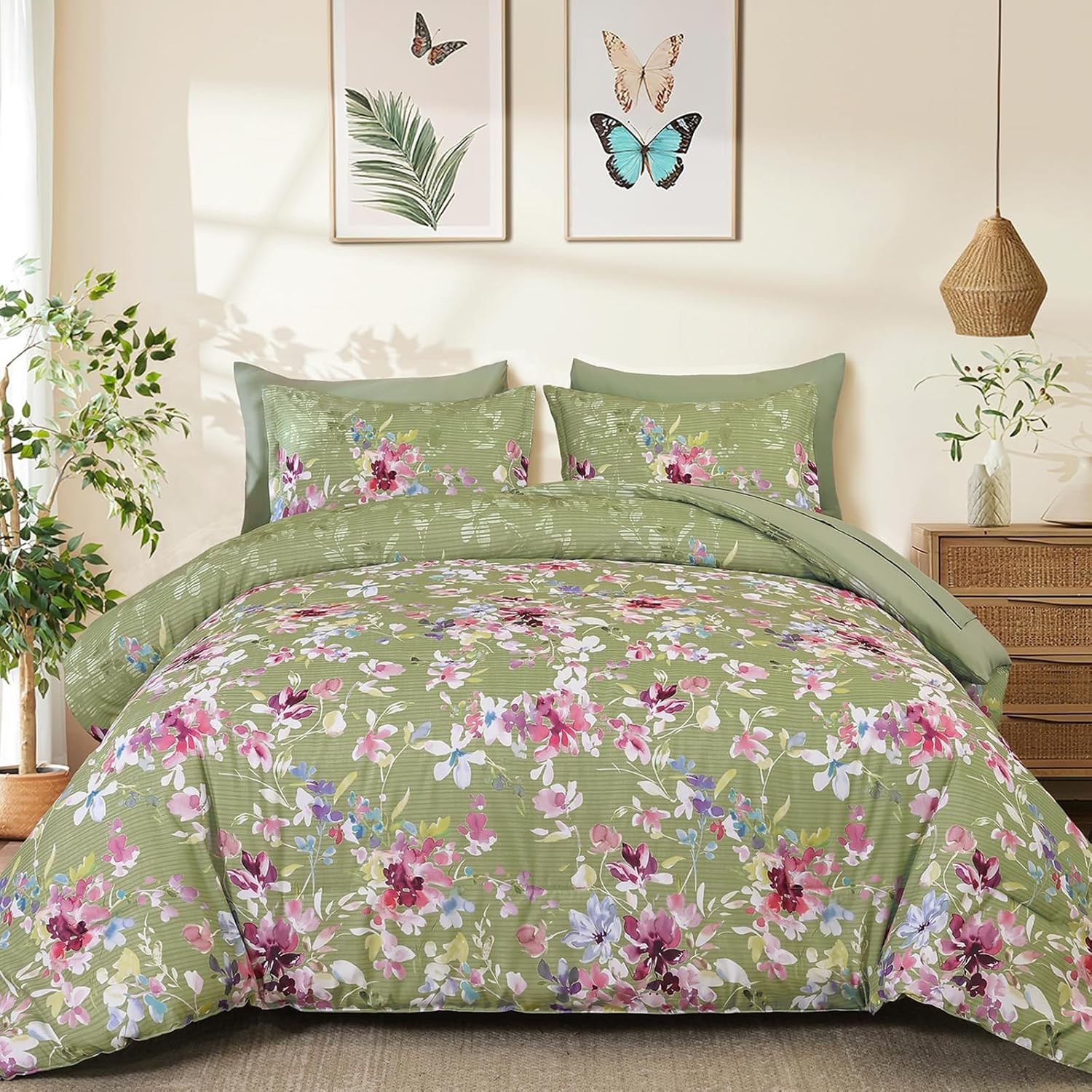 Sage Green Pink Floral Comforter Set Queen Bed in a Bag 7pc Bedding gallery