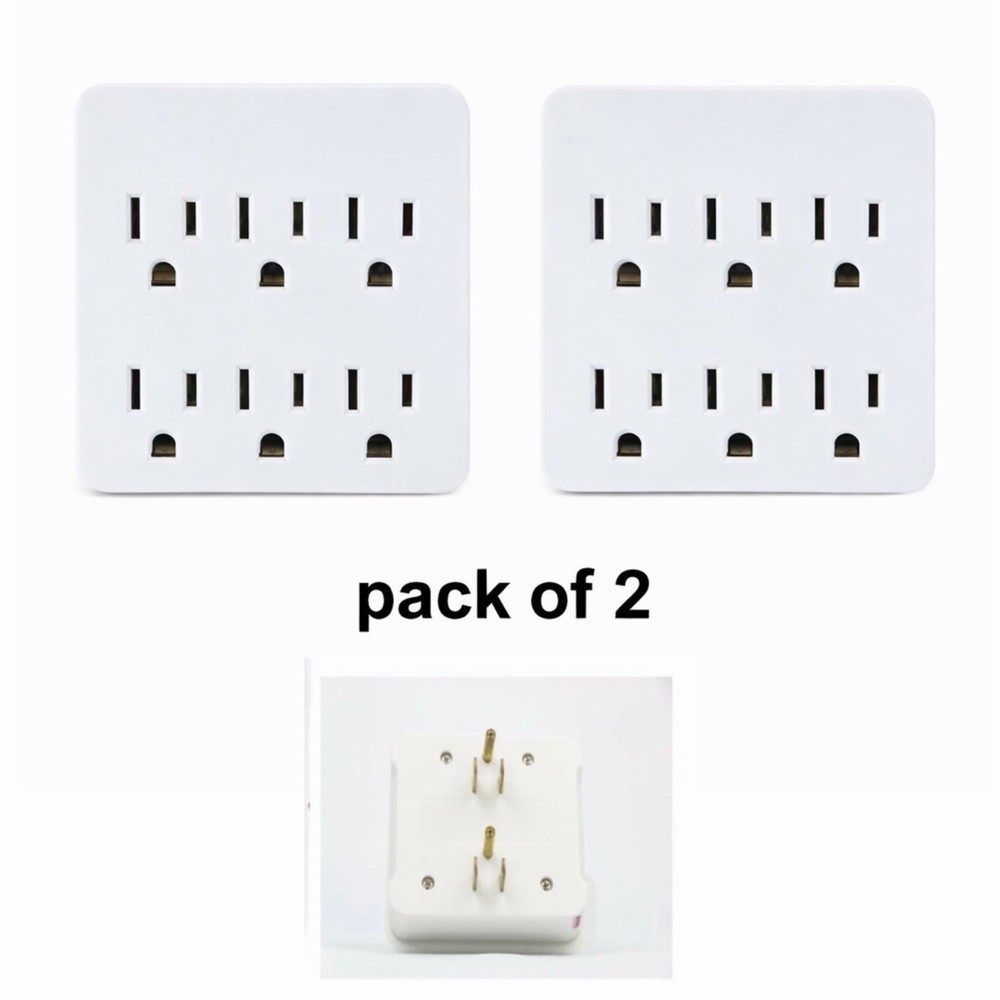 ( 2 pack ) 6 Grounded Outlets Tap Electric Wall Outlet Extender 6 Prong