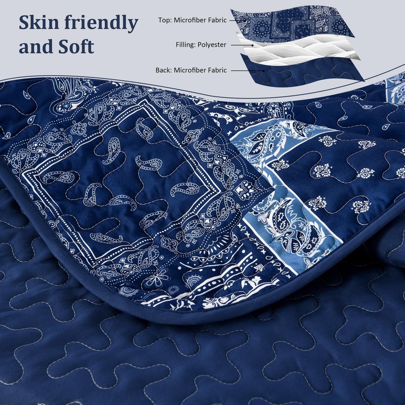 Blue Patchwork Quilt Set Queen Size,Boho Navy Blue Quilt Set,Paisley Farmhouse B gallery