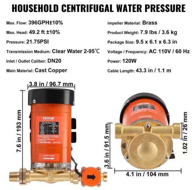 ITOPFOX 120W Automatic Water Pressure Booster Pump, Max Flow 25 L/min Shower gallery