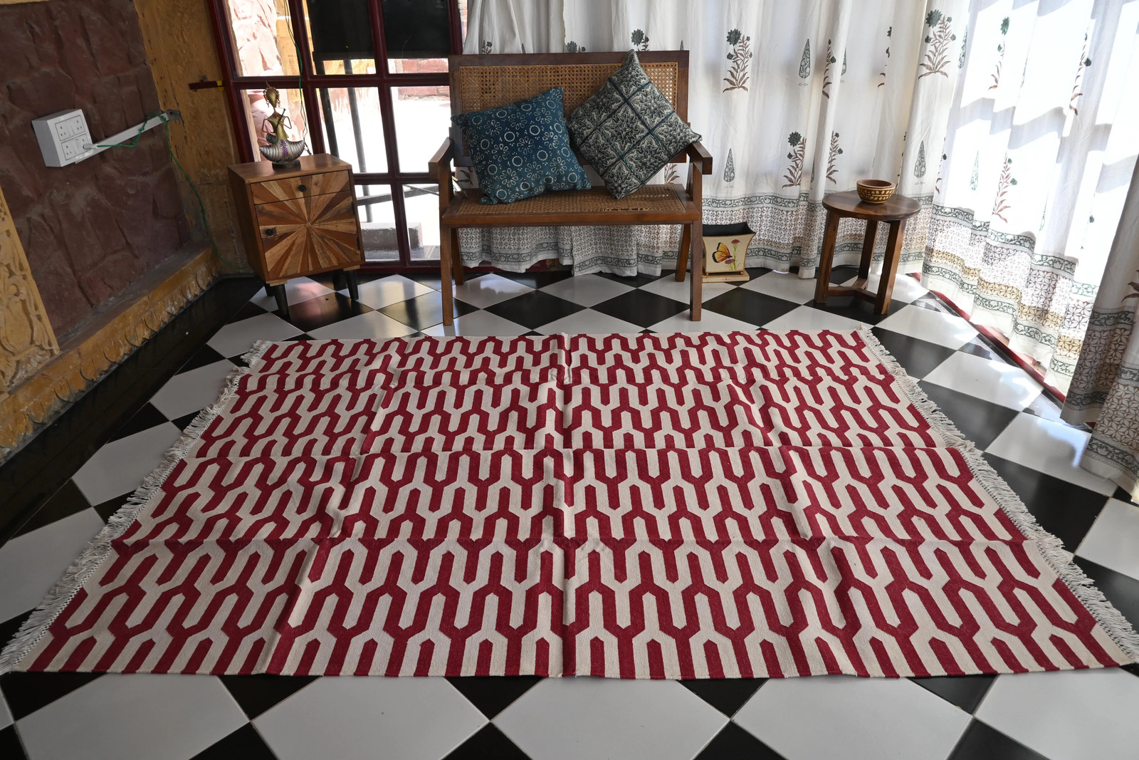 Rugmoda Cotton Red & Ivory Geometric Lattice 5x8 Living Room Area Rug Handwoven gallery