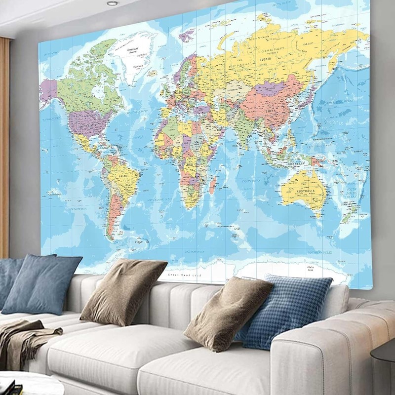 ICTEISOM World Map Tapestry Wall Hanging, of The 60L x 40W, Blue gallery