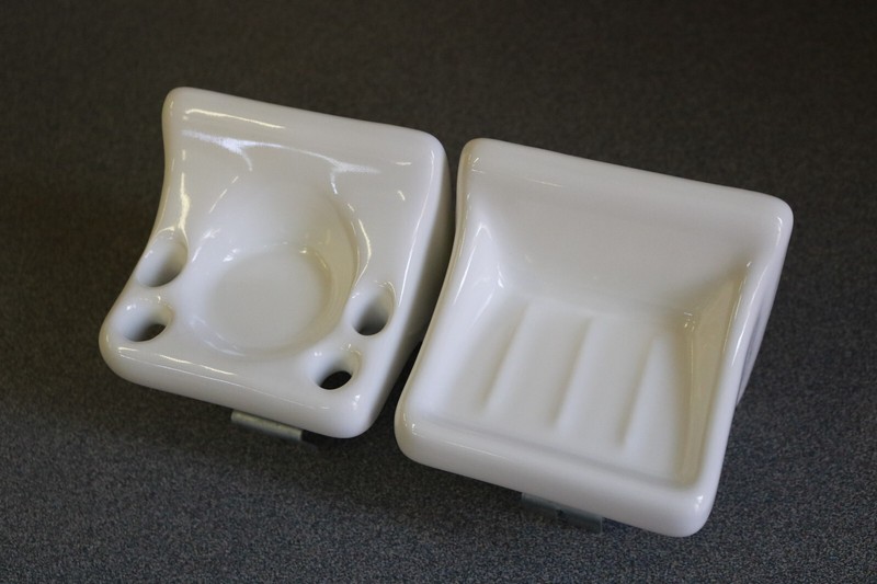 ACP Flat-Back Glossy White Ceramic Soap Dish & Toothbrush Holder Bathroom Set gallery