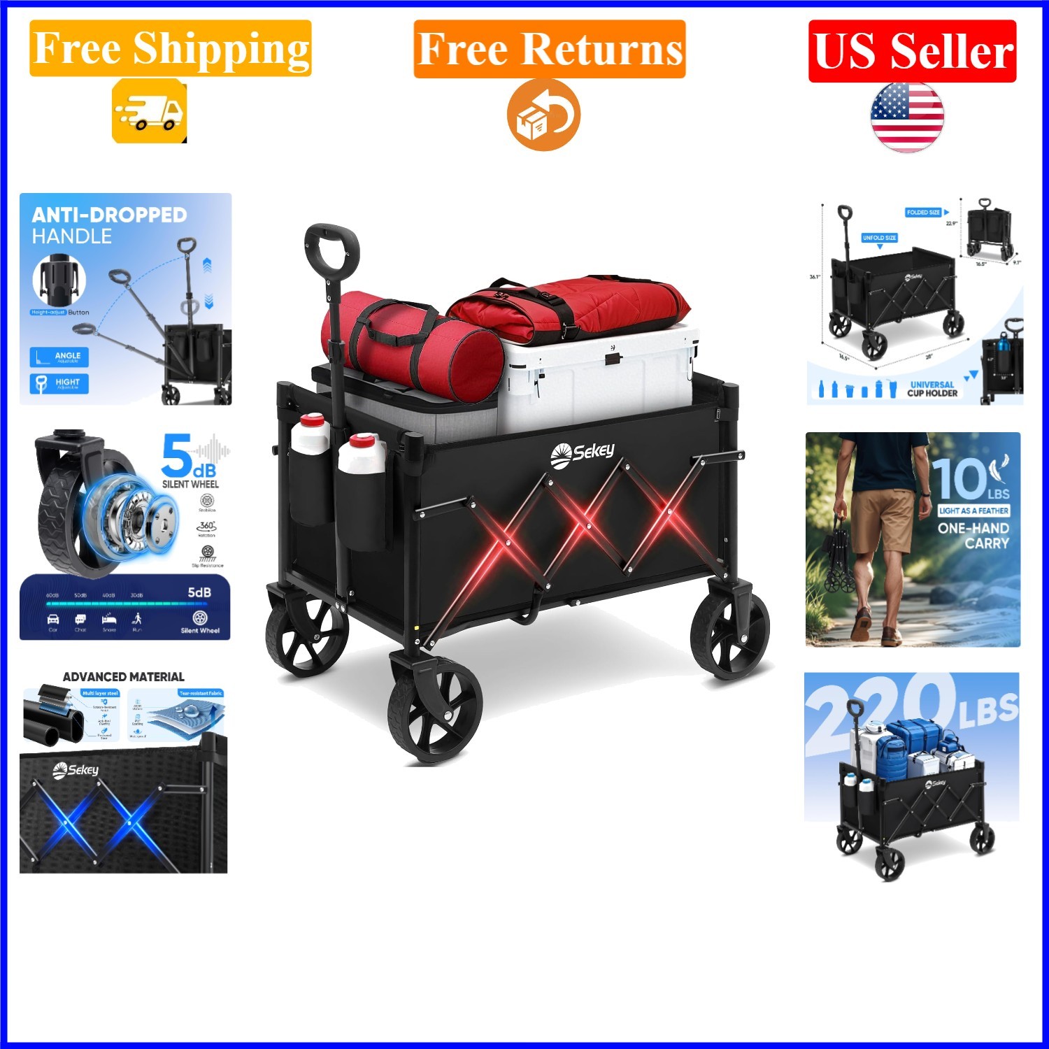 Heavy Duty Foldable Wagon Cart 220LBS Capacity with Drink Holders Black gallery