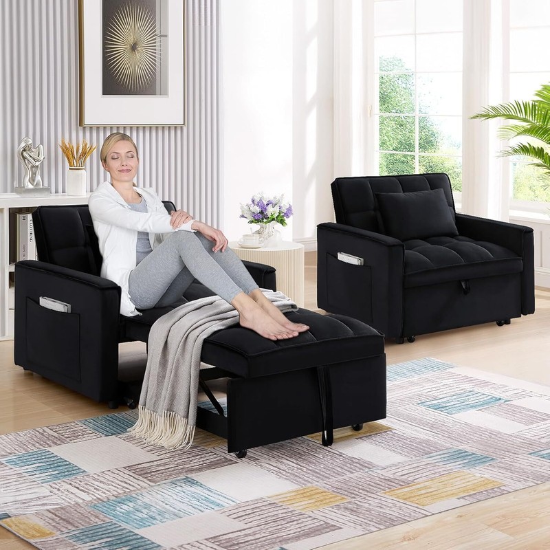 Convertible Single Sleeper Chair Bed 3in1 Modern Velvet Pull Out Tufted Sofa Bed gallery
