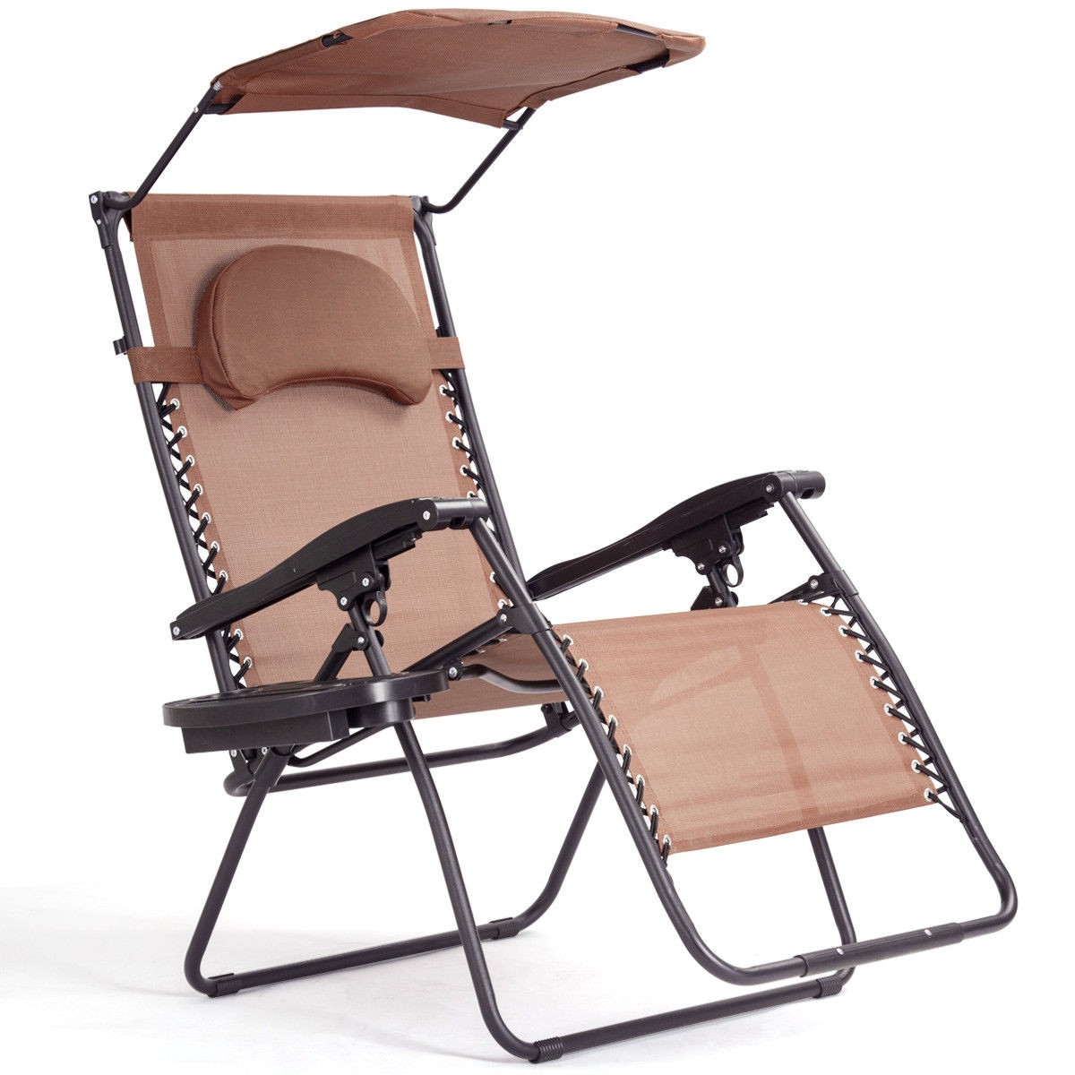 Folding Recliner Zero Gravity Lounge Chair W/ Shade Canopy Cup Holder Brown gallery